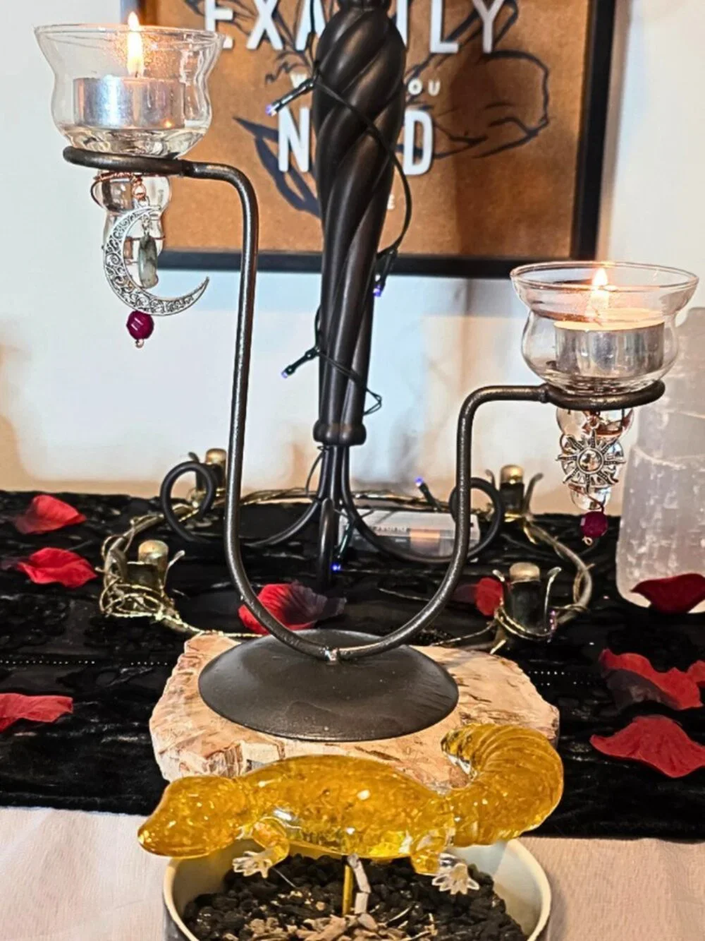 Gothic Celestial Candle Holder | Labradorite Moon, Sun Charms, Wrapped Copper